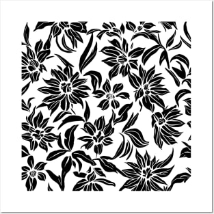 White and Black Floral Lino Print Posters and Art